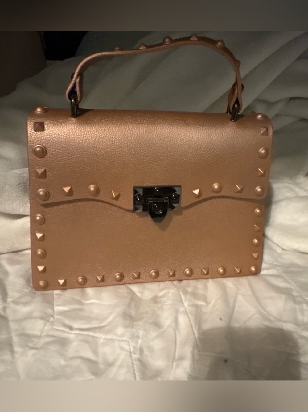 Studded Top Handle Satchel in Rose Gold